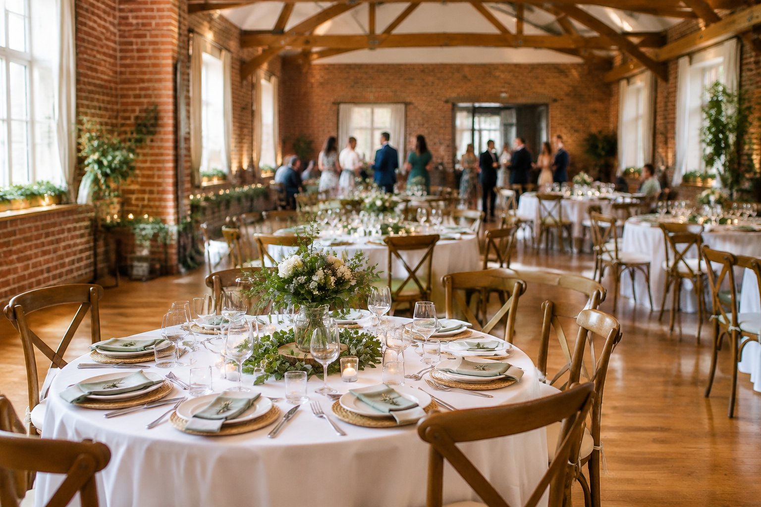 A warmly lit wedding reception arranged in a charming affordable venue with simple tables and elegant decorations.