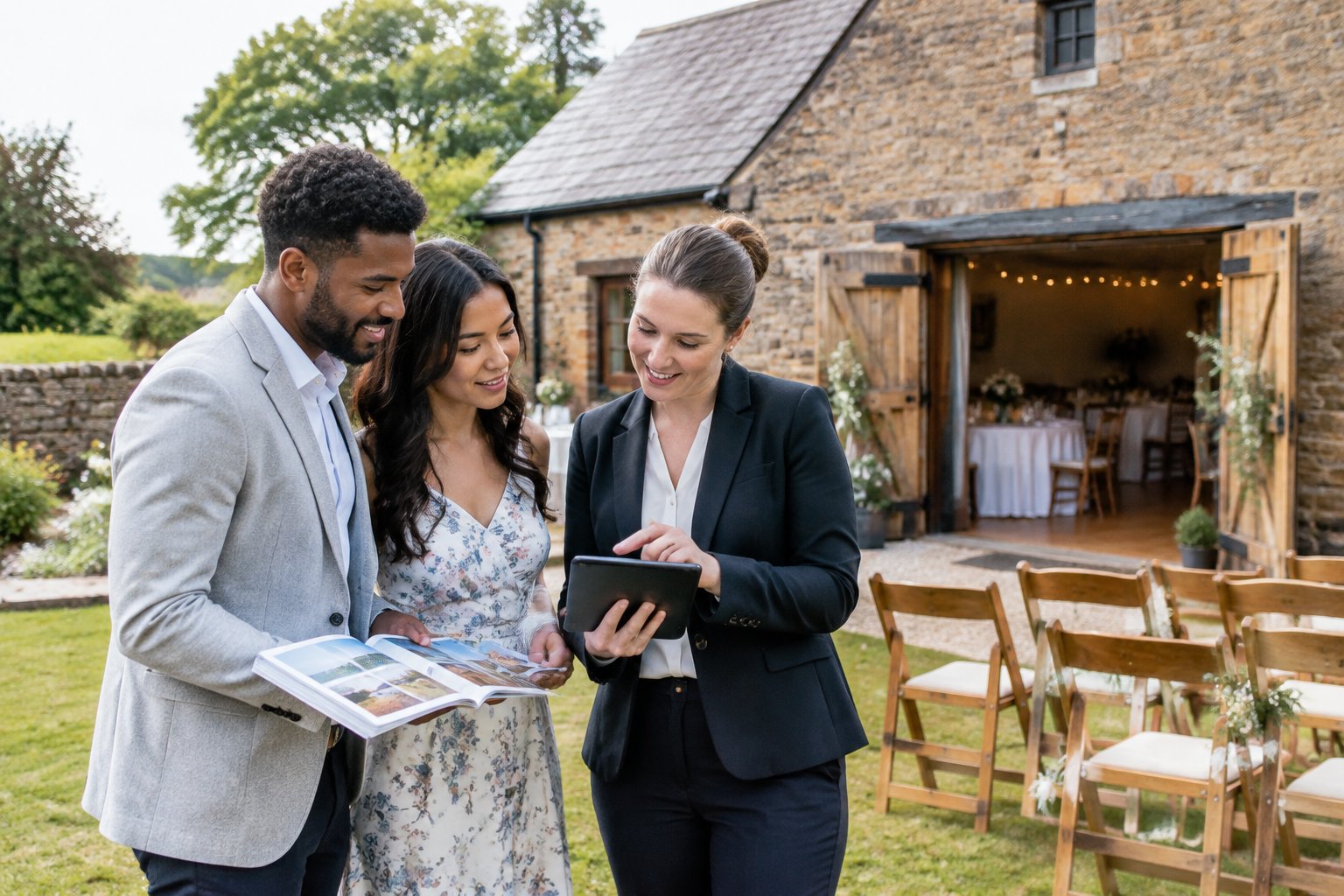 A couple compares affordable wedding venue options with a coordinator outside a charming countryside venue.