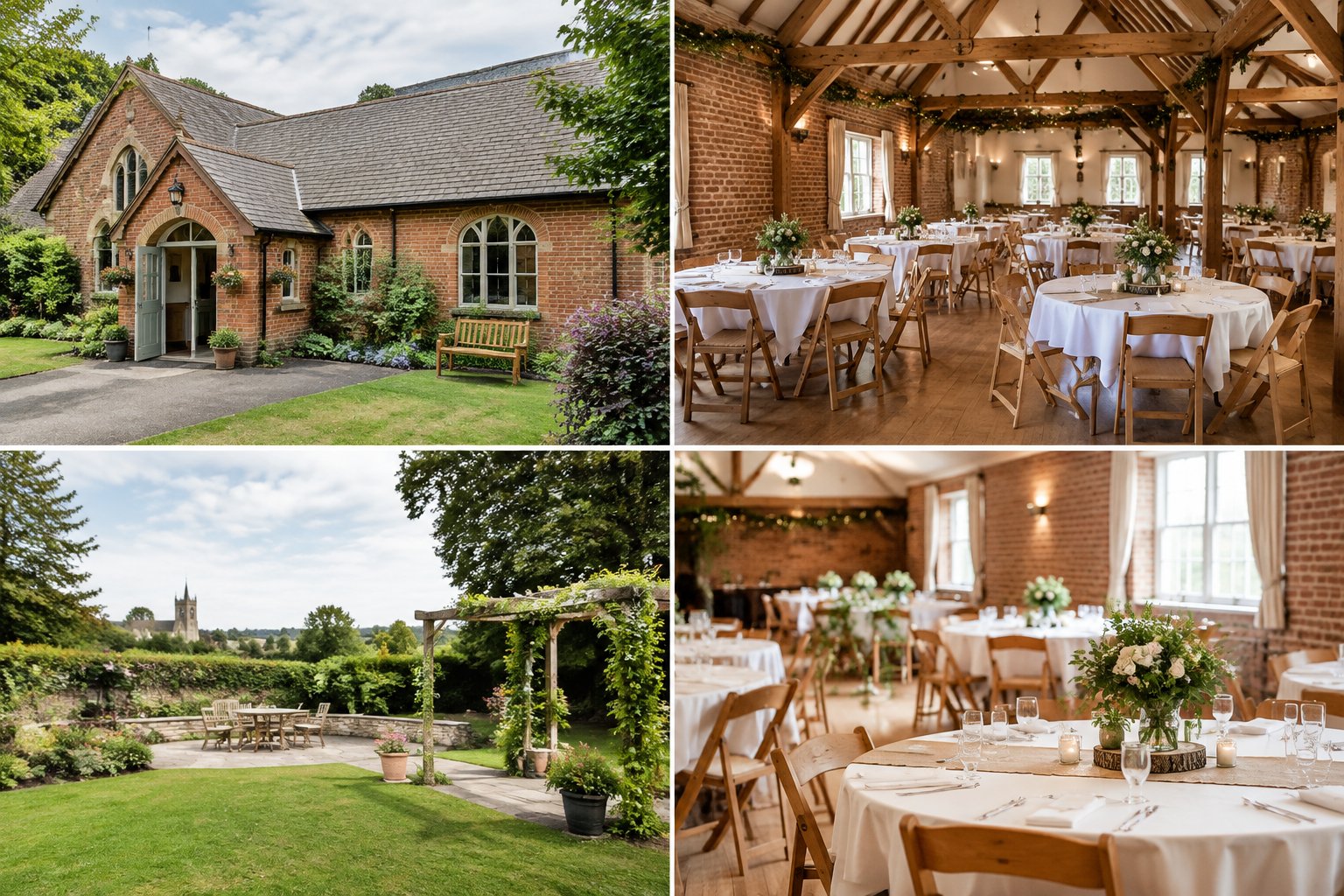 A modest wedding reception is set up inside a charming venue beside a landscaped garden.