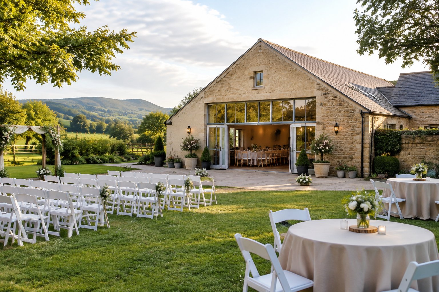 A modest wedding venue with simple outdoor seating and decorations in a green English countryside setting.