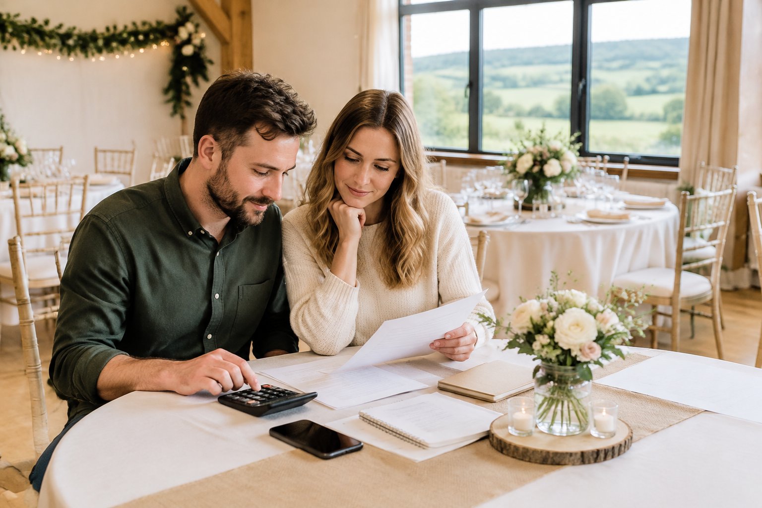 A couple reviews wedding expenses at a table inside a modest, decorated reception venue.