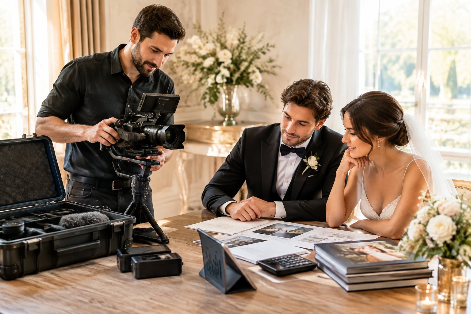 A wedding couple discusses videography services with a professional videographer beside camera equipment and budgeting materials.
