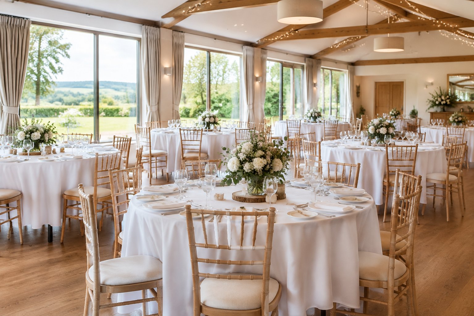 An affordable wedding reception venue with simple decorated tables and a green countryside view.