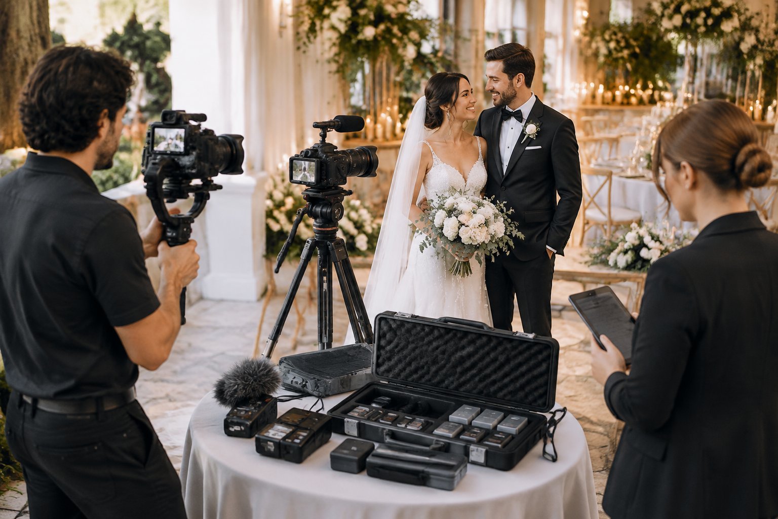 A wedding videographer films a newlywed couple while professional recording equipment is arranged nearby.