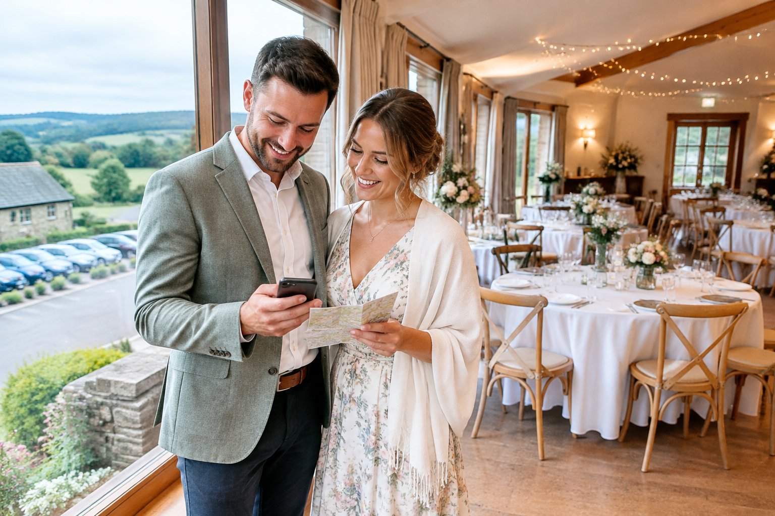 A couple explores an affordable wedding venue near Telford with a decorated reception space and countryside surroundings.