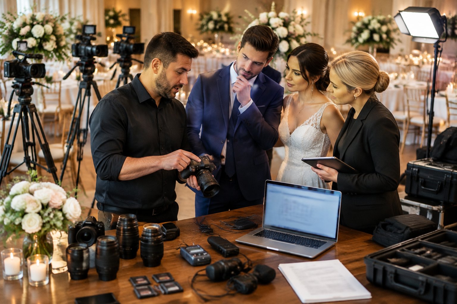 A wedding videographer discusses camera equipment and production details with a couple at a reception venue.