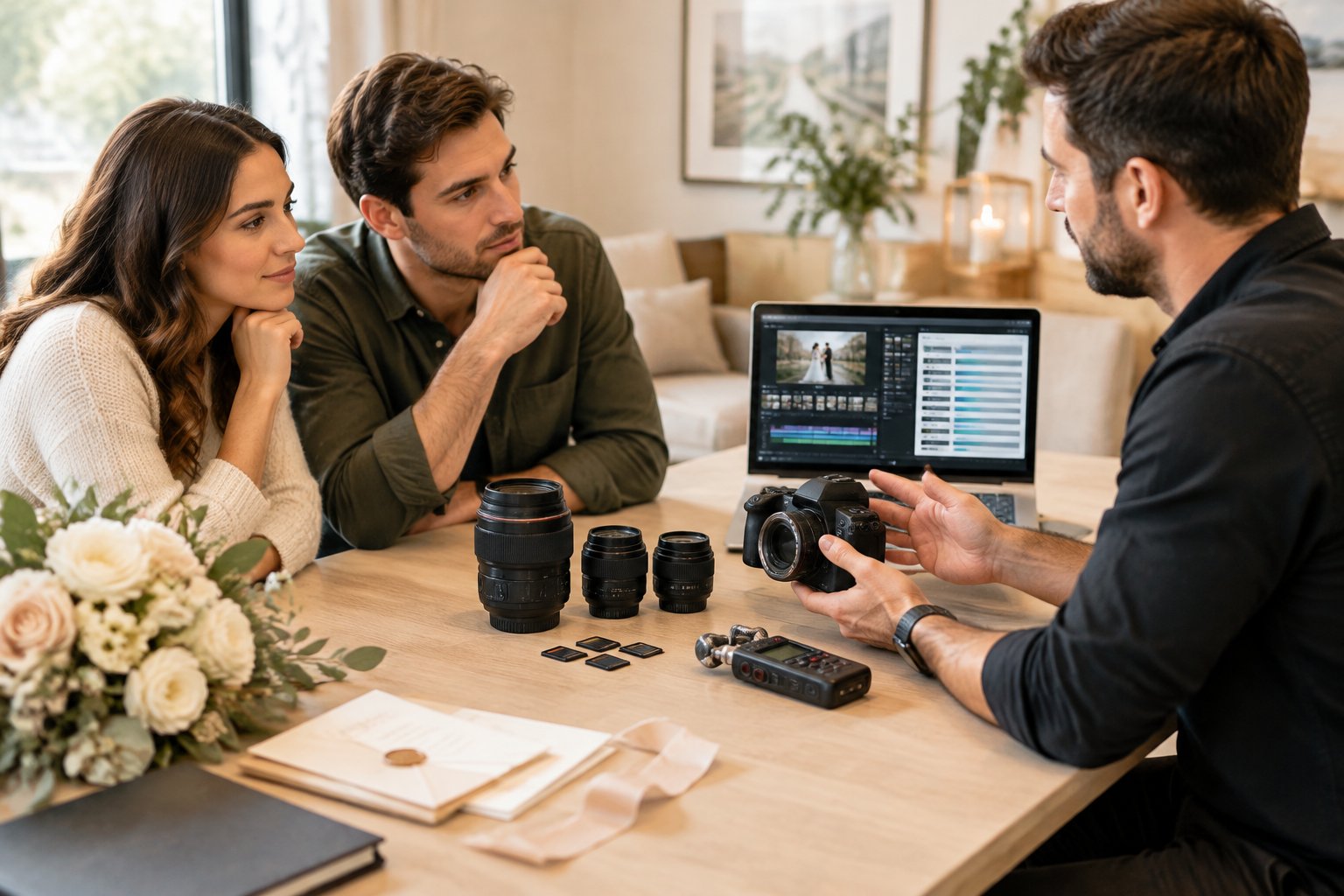 A wedding videographer discusses wedding videography options with a professional videographer beside camera equipment and a laptop.