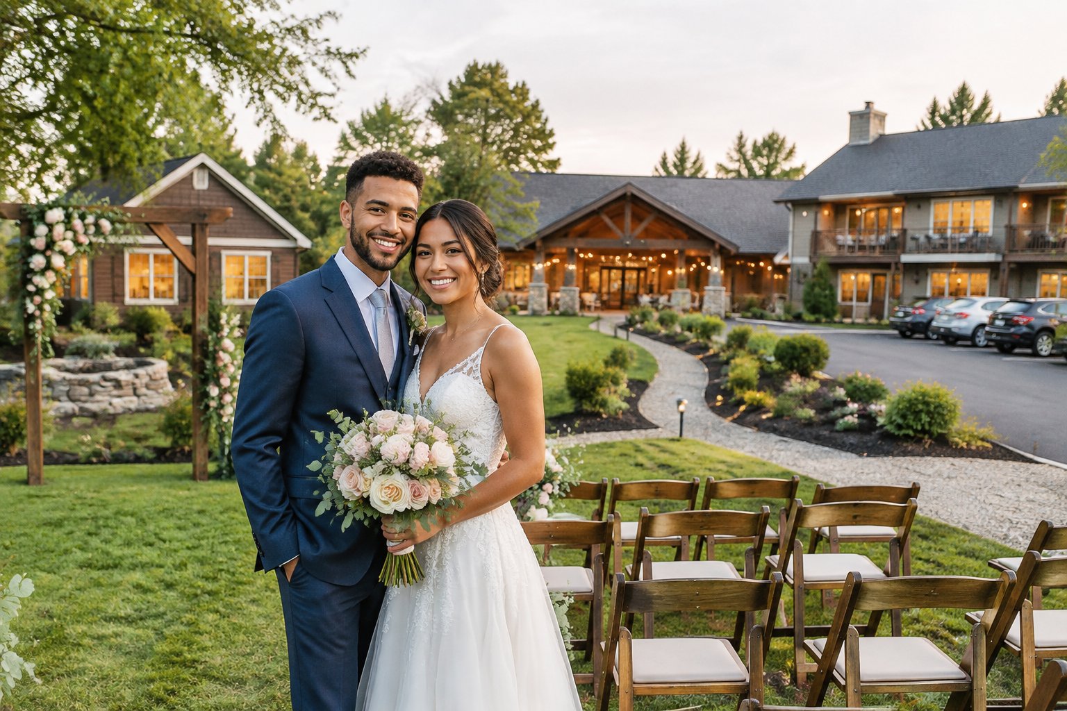A newlywed couple stands outside an affordable countryside wedding venue with guest lodging.
