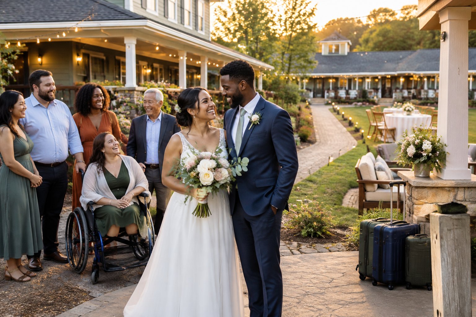 A diverse newlywed couple and wedding guests gather outside an affordable venue with on-site lodging.