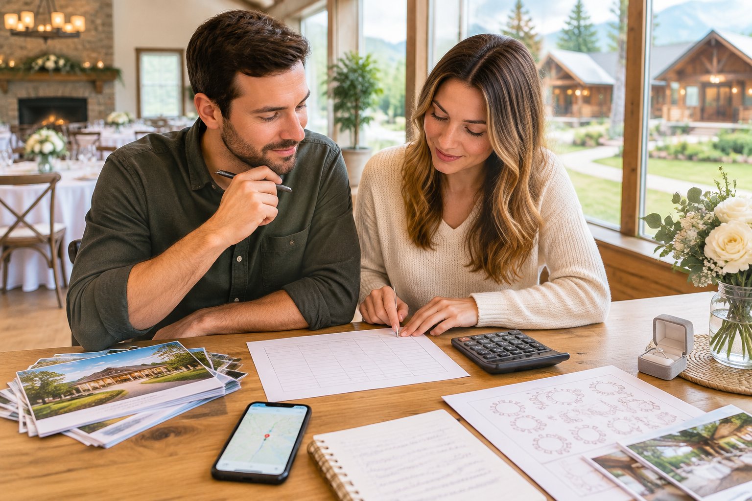 A couple reviews wedding venue costs and planning materials at a desk near an affordable venue with guest lodging.