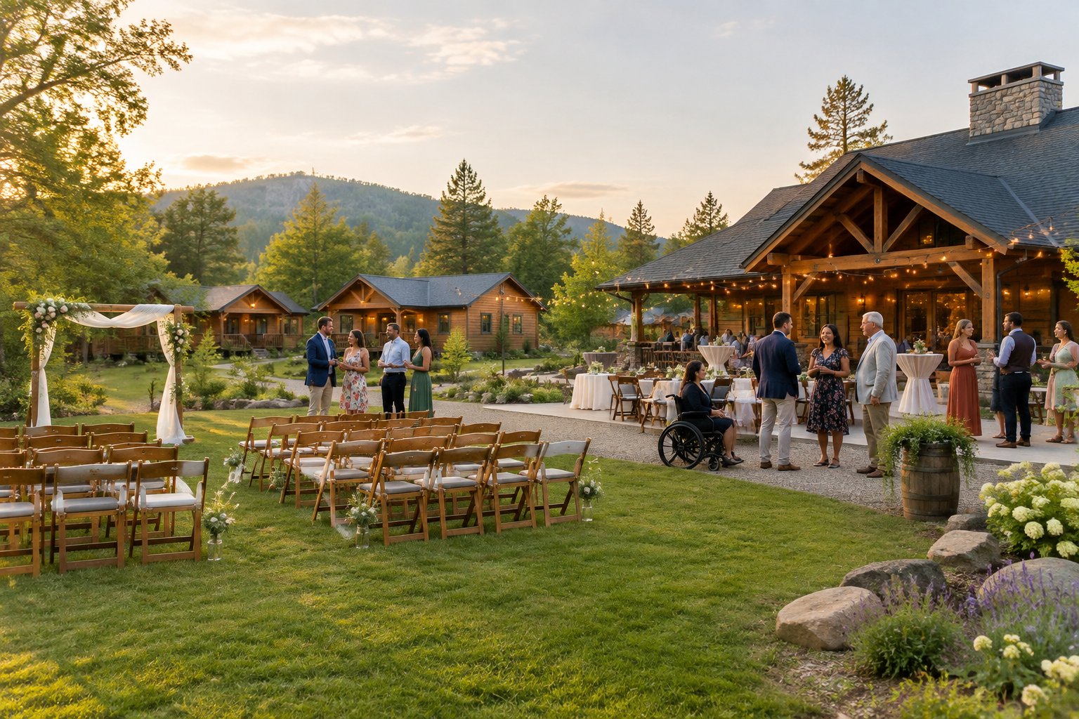 A rustic wedding venue with nearby guest lodging, simple ceremony decorations, and guests gathered outdoors.
