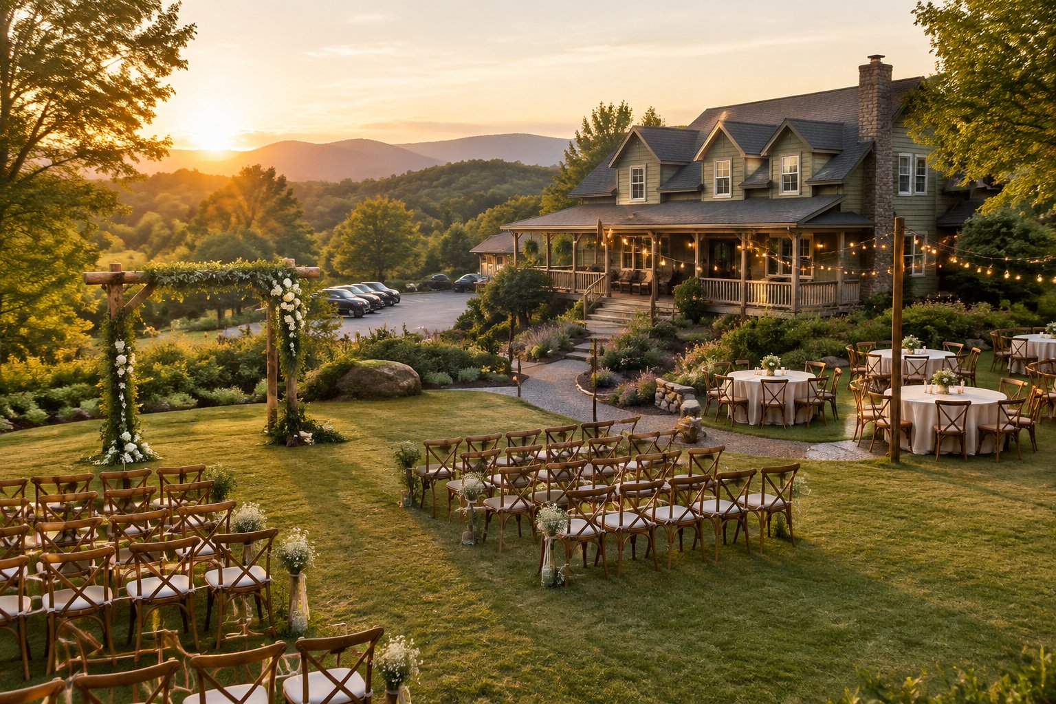 A modest outdoor wedding ceremony beside a charming countryside lodge with simple decorations and guest accommodations nearby.