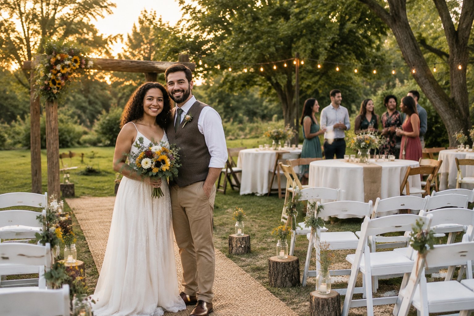 A couple celebrates with guests at a simple outdoor wedding ceremony in a garden.