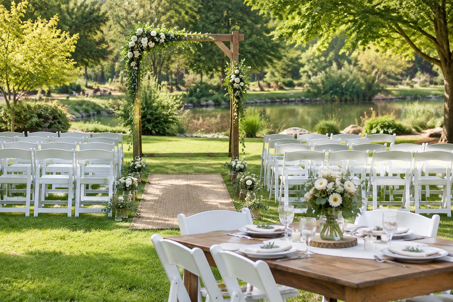 A modest garden wedding venue with a decorated arch, arranged chairs, and a small reception table.
