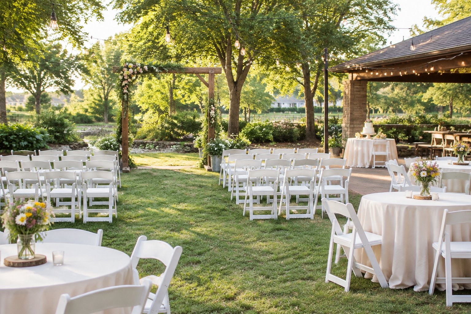 A modest outdoor wedding venue with simple decorations, arranged chairs, and small tables.