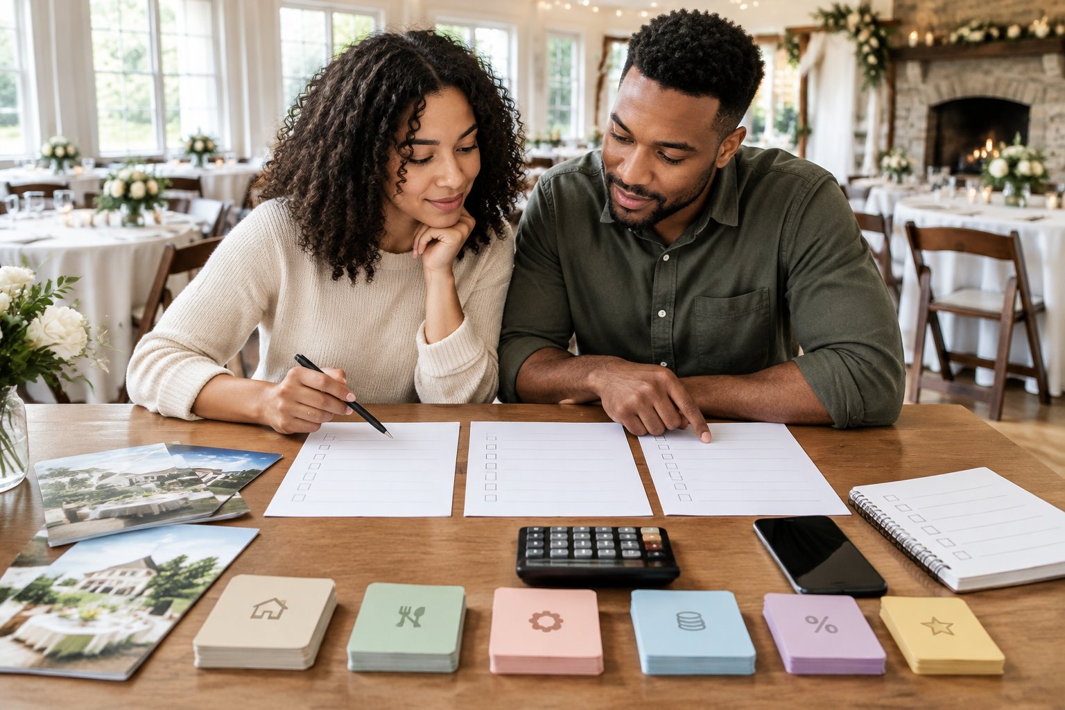 A couple compares wedding venue quotes and expenses at a table in a modest decorated event space.