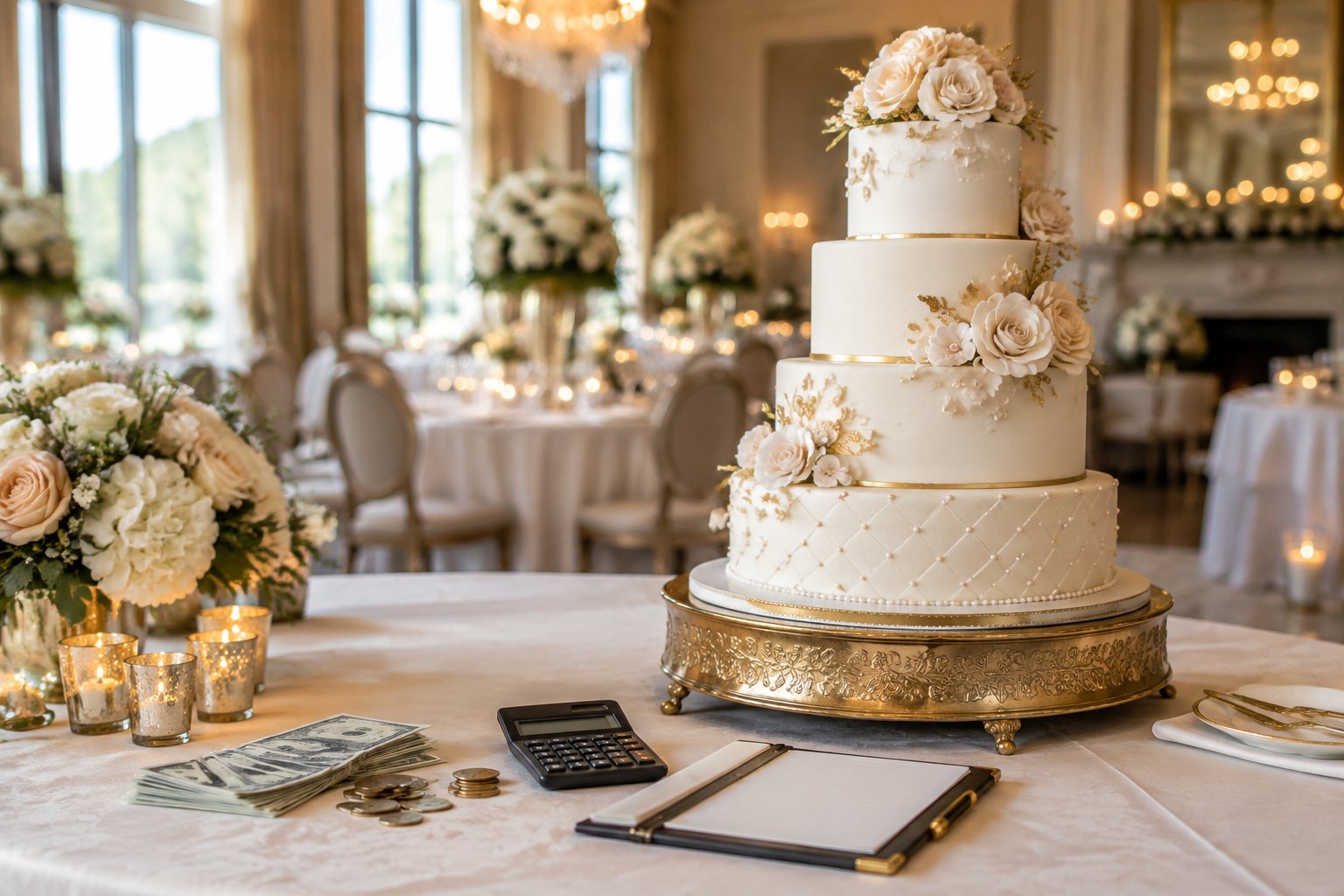 An elegant multi-tier wedding cake displayed beside money, coins, and a calculator on a decorated table.