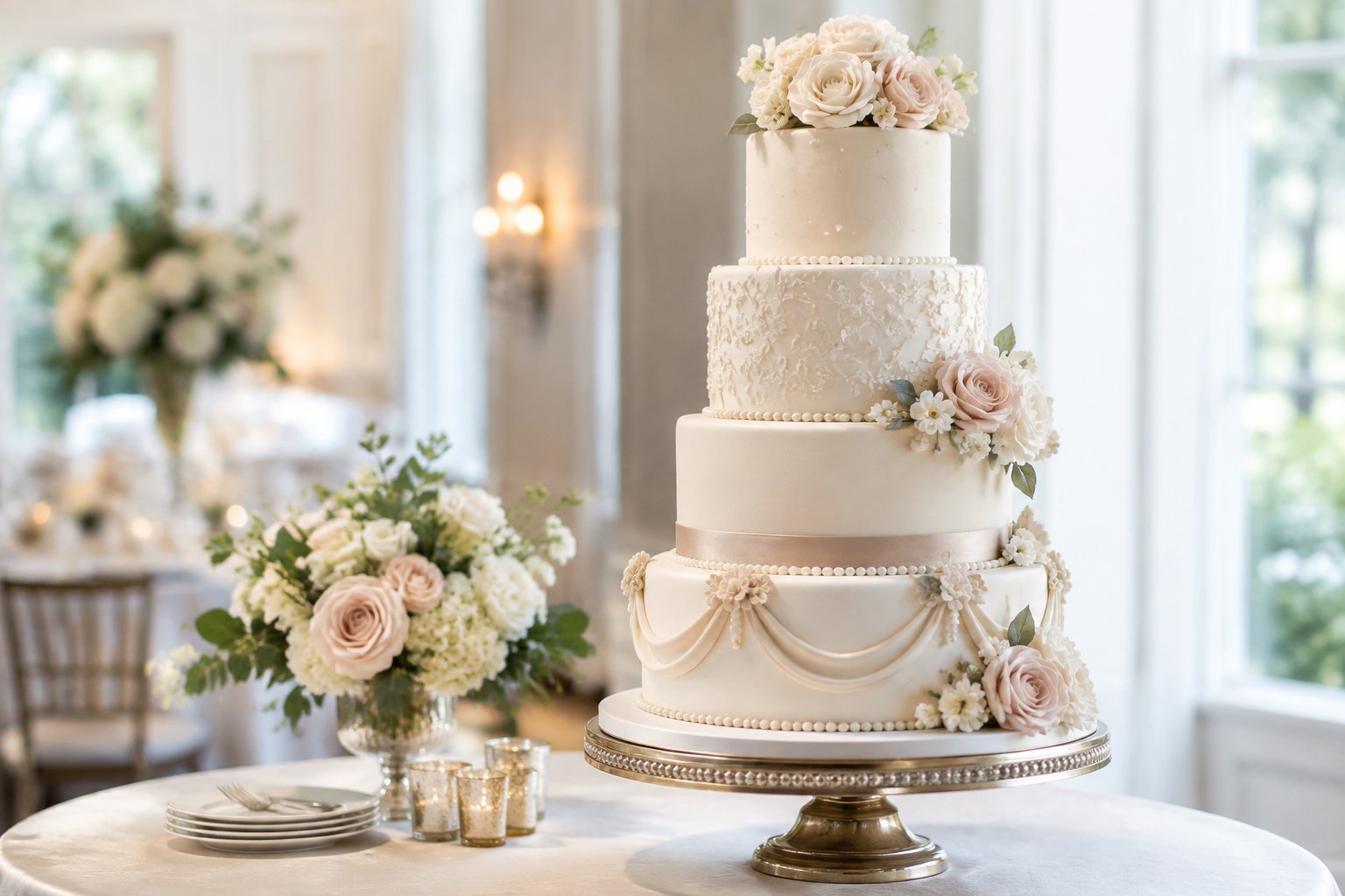 A multi-tiered decorated wedding cake displayed on an elegant dessert table at a wedding reception.