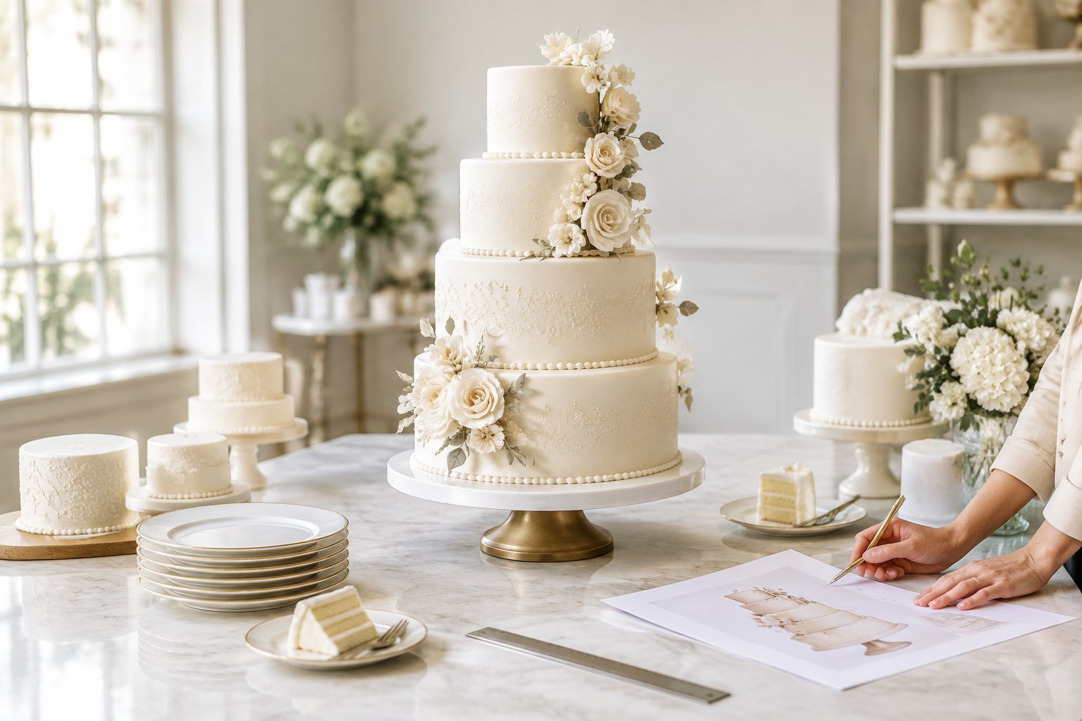A tiered wedding cake displayed with serving plates, cake slices, and measuring tools on a bakery consultation table.