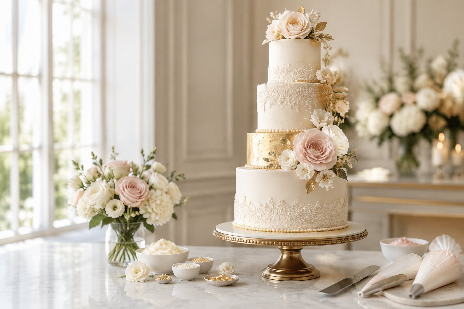An ornate multi-tiered wedding cake with sugar flowers and gold details displayed on an elegant dessert table.