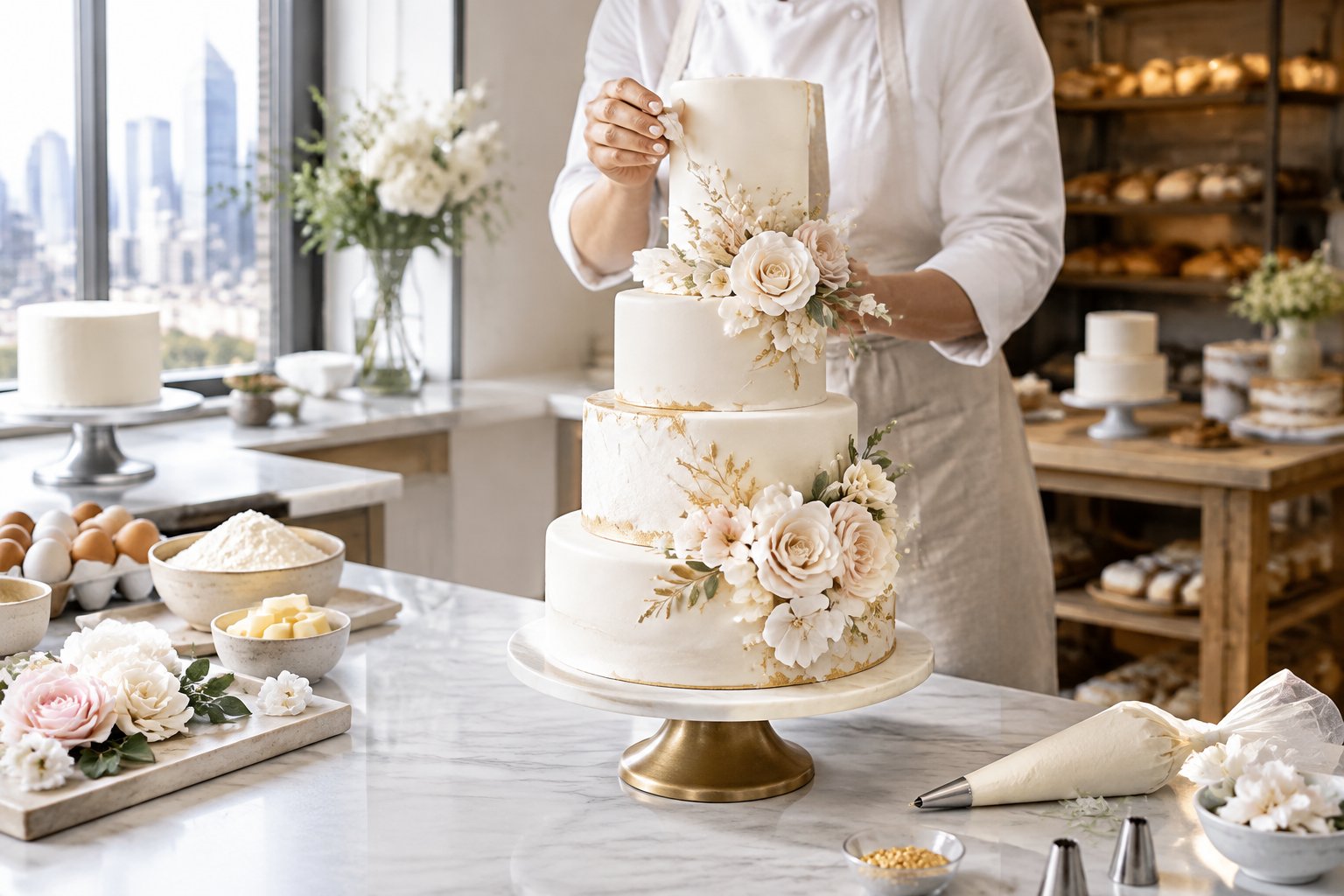 A pastry chef decorates an elegant multi-tier wedding cake in a professional bakery.