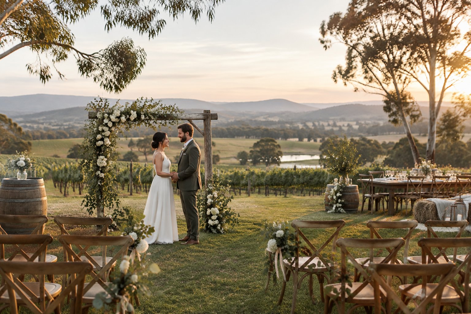 An intimate outdoor wedding ceremony at a modest vineyard venue in the green Yarra Valley.
