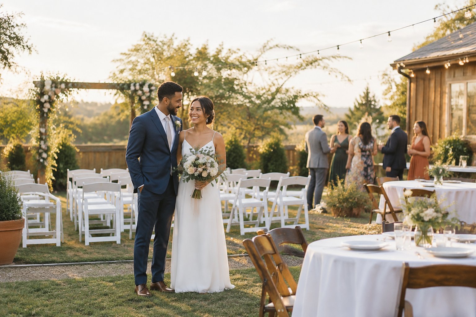 A couple celebrates with guests at a simple outdoor wedding ceremony and reception.