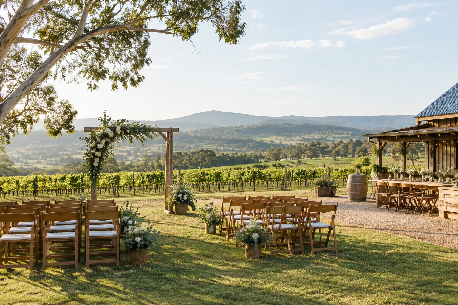 A simple outdoor wedding setup at a country venue among vineyards and rolling green hills.