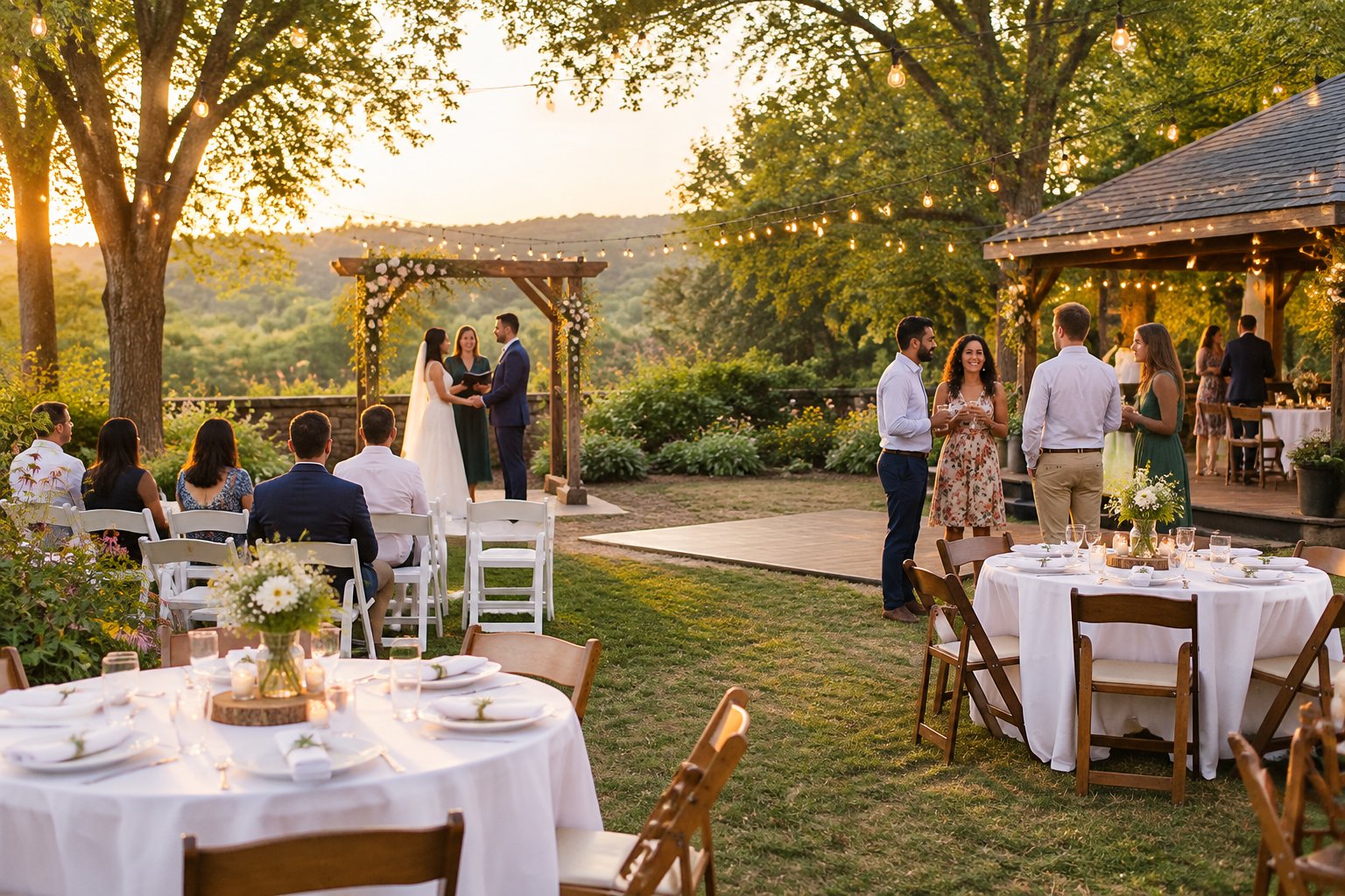 An intimate outdoor wedding ceremony and reception in a modest landscaped venue with simple elegant decorations and smiling guests.