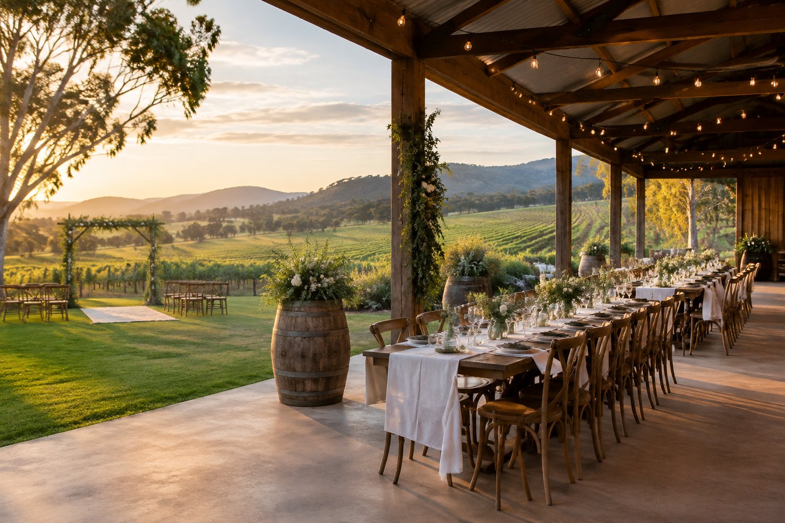 A simple wedding reception setup beside a vineyard in the green Yarra Valley countryside.