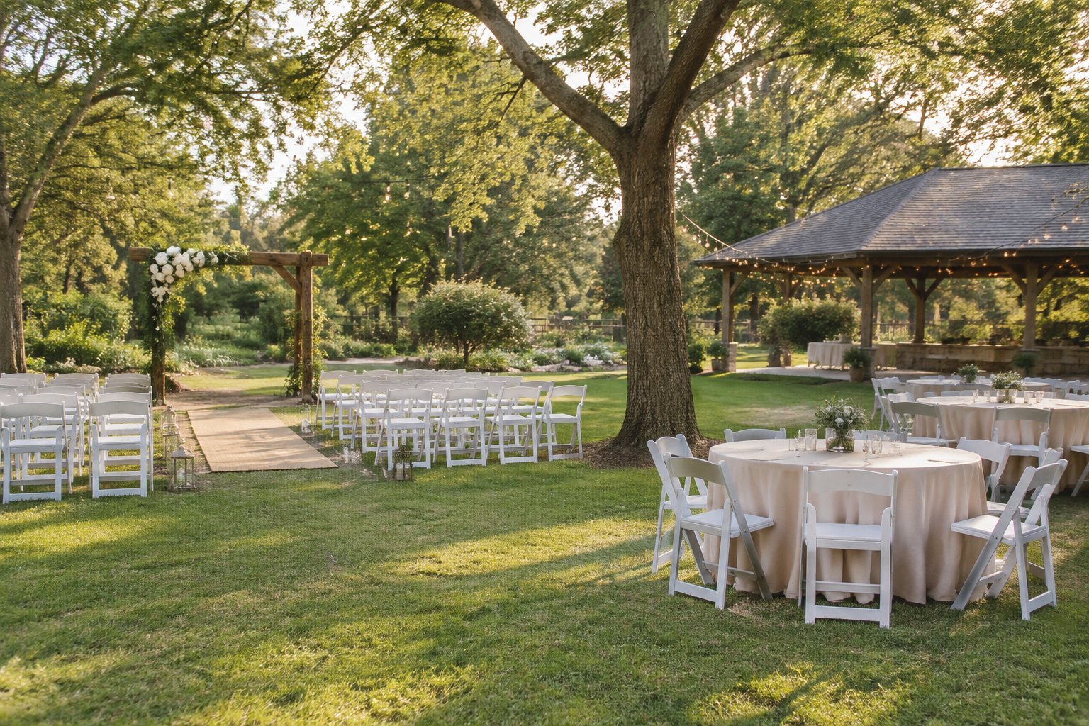 A simple outdoor wedding ceremony and reception setup in a leafy community venue.