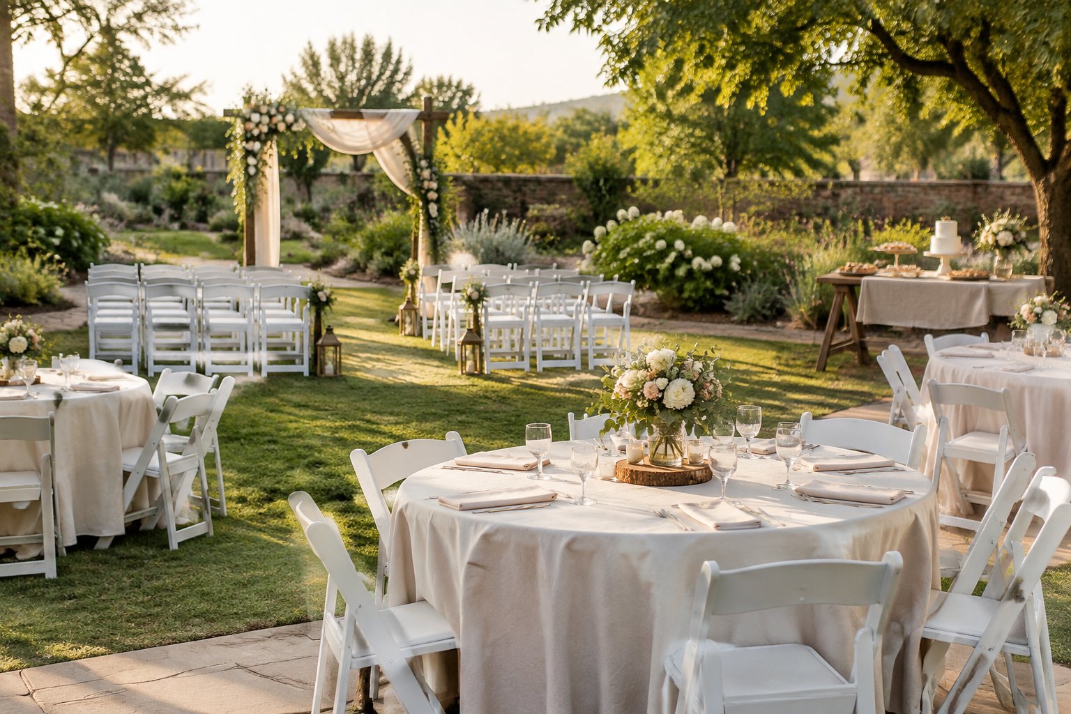 A modest outdoor wedding ceremony and reception setup in a landscaped garden with simple tables, chairs, flowers, and an arch.