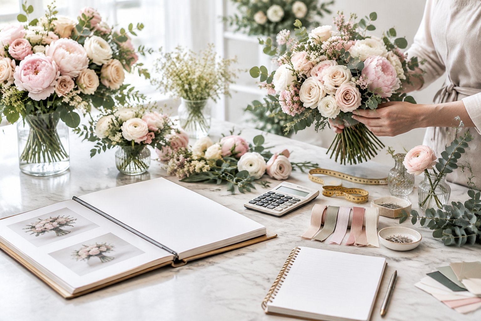 Wedding flowers, bouquets, and planning materials arranged on a table for a floral consultation.