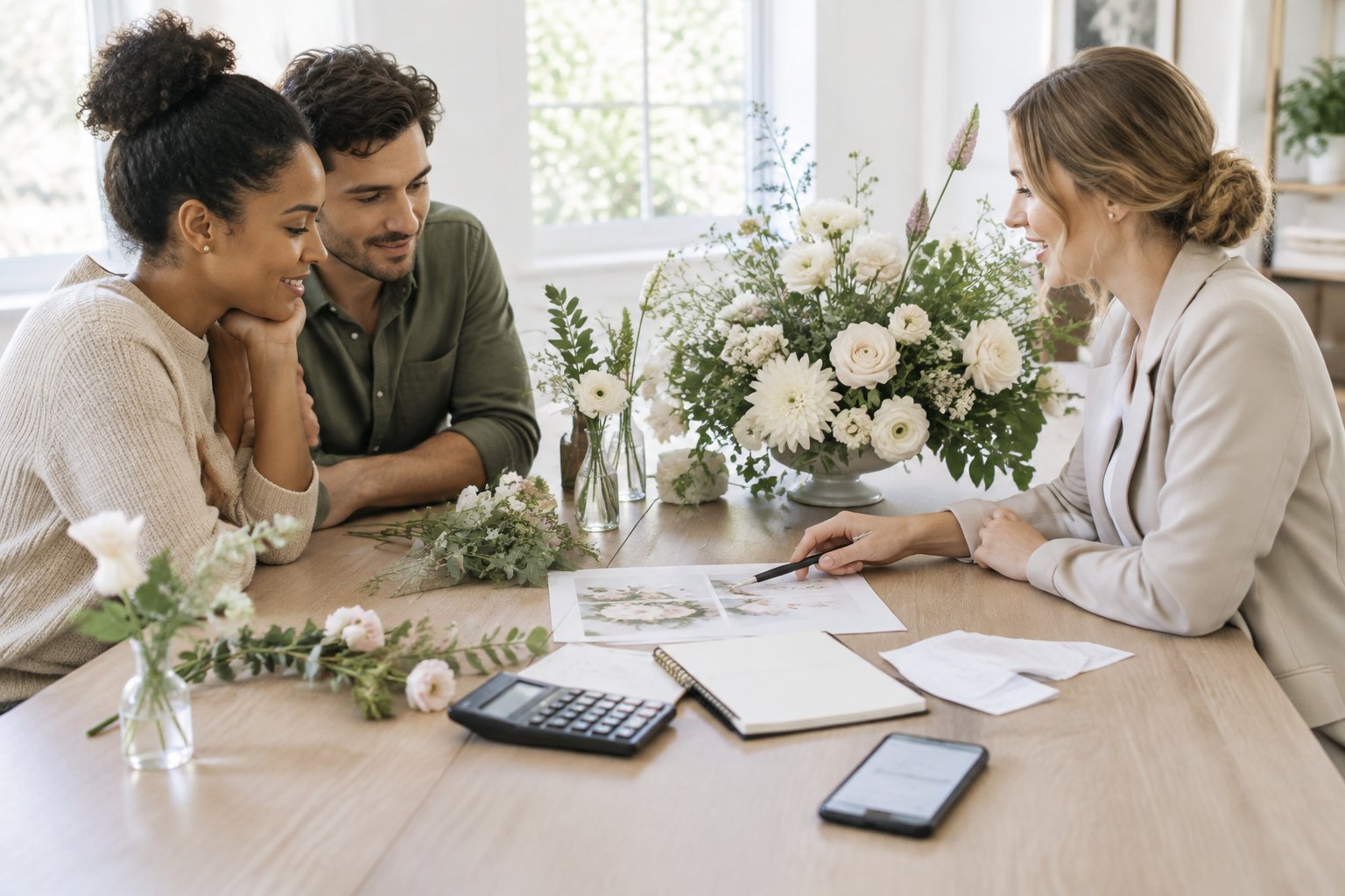 A couple reviews wedding flower arrangements and budgeting materials with a florist at a table.