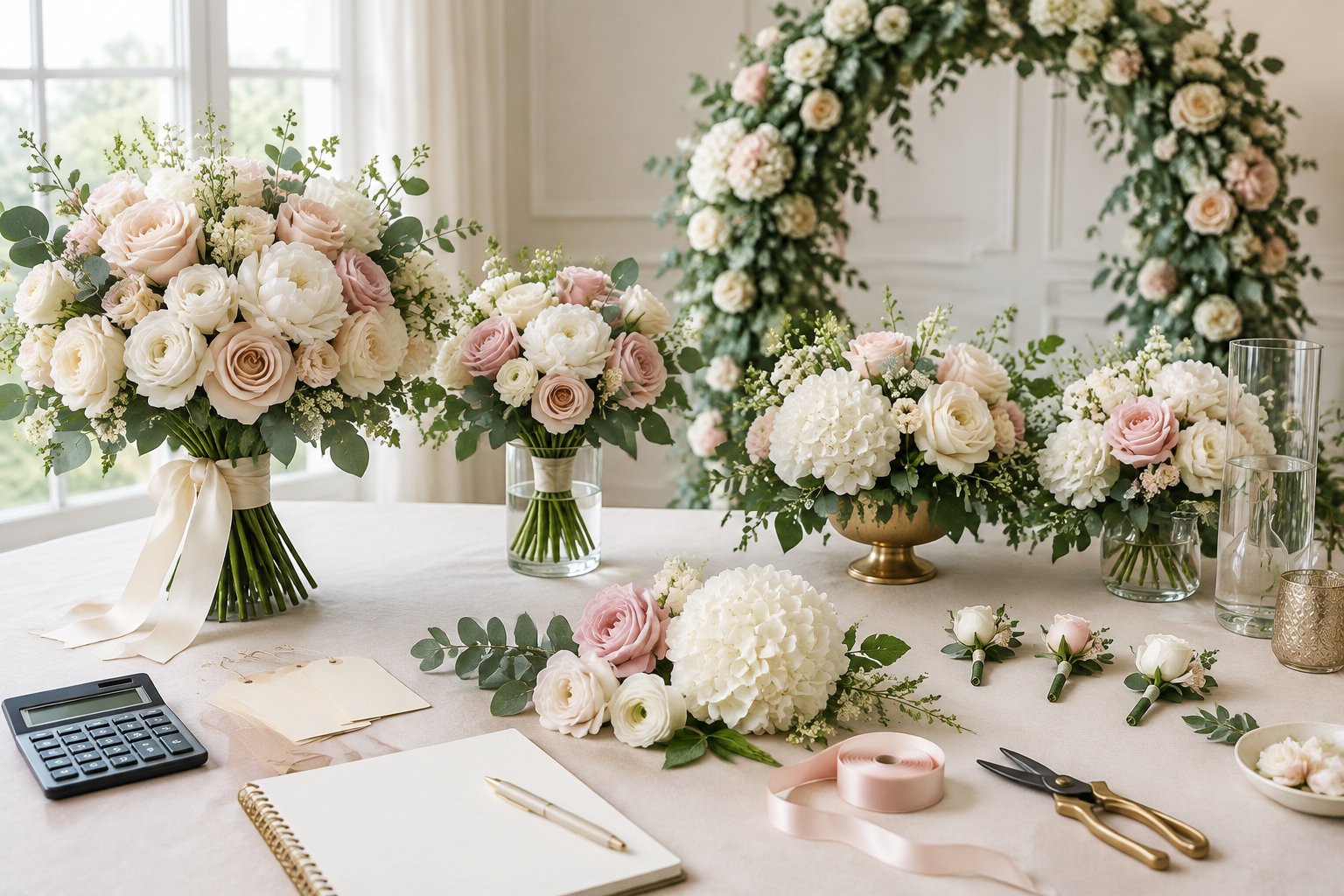 Wedding flower arrangements and planning supplies displayed on a table.