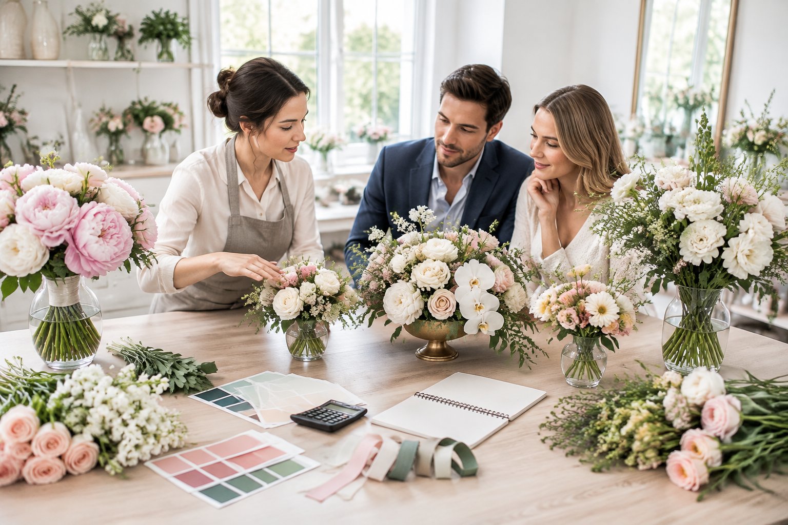 A florist discusses different wedding flower arrangements and bouquets with an engaged couple in a bright studio.