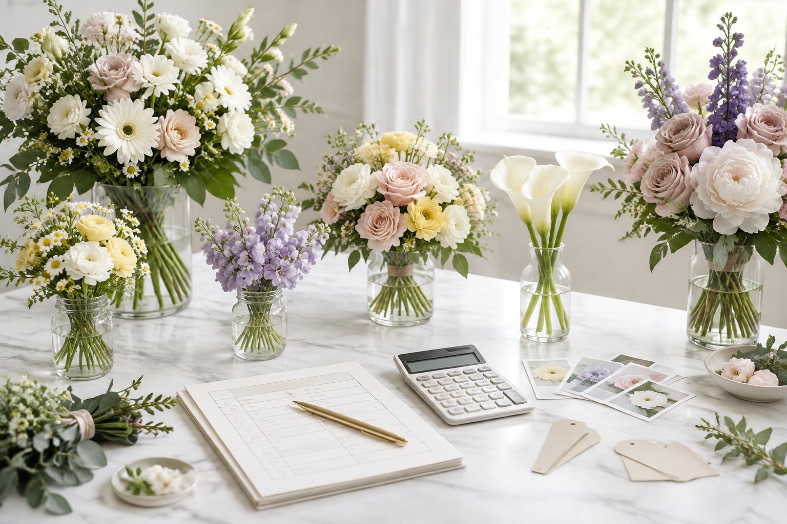 Wedding flowers and budgeting materials arranged on a table.