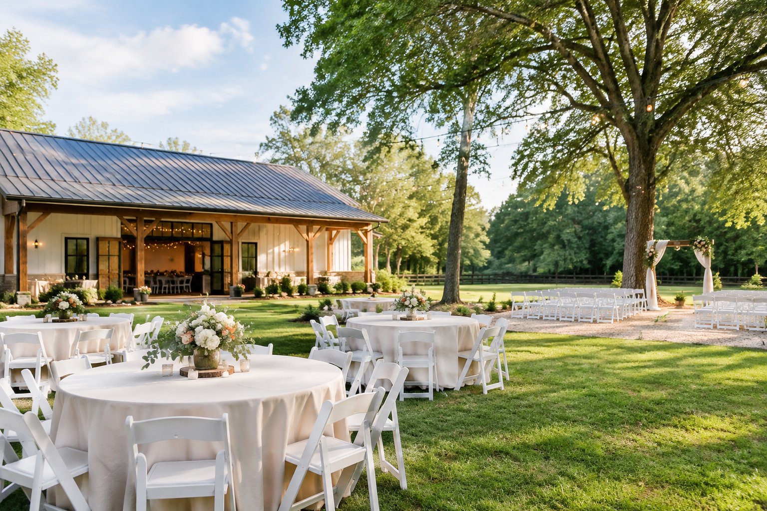 A modest outdoor wedding venue with white chairs, decorated tables, string lights, and a reception hall surrounded by trees.