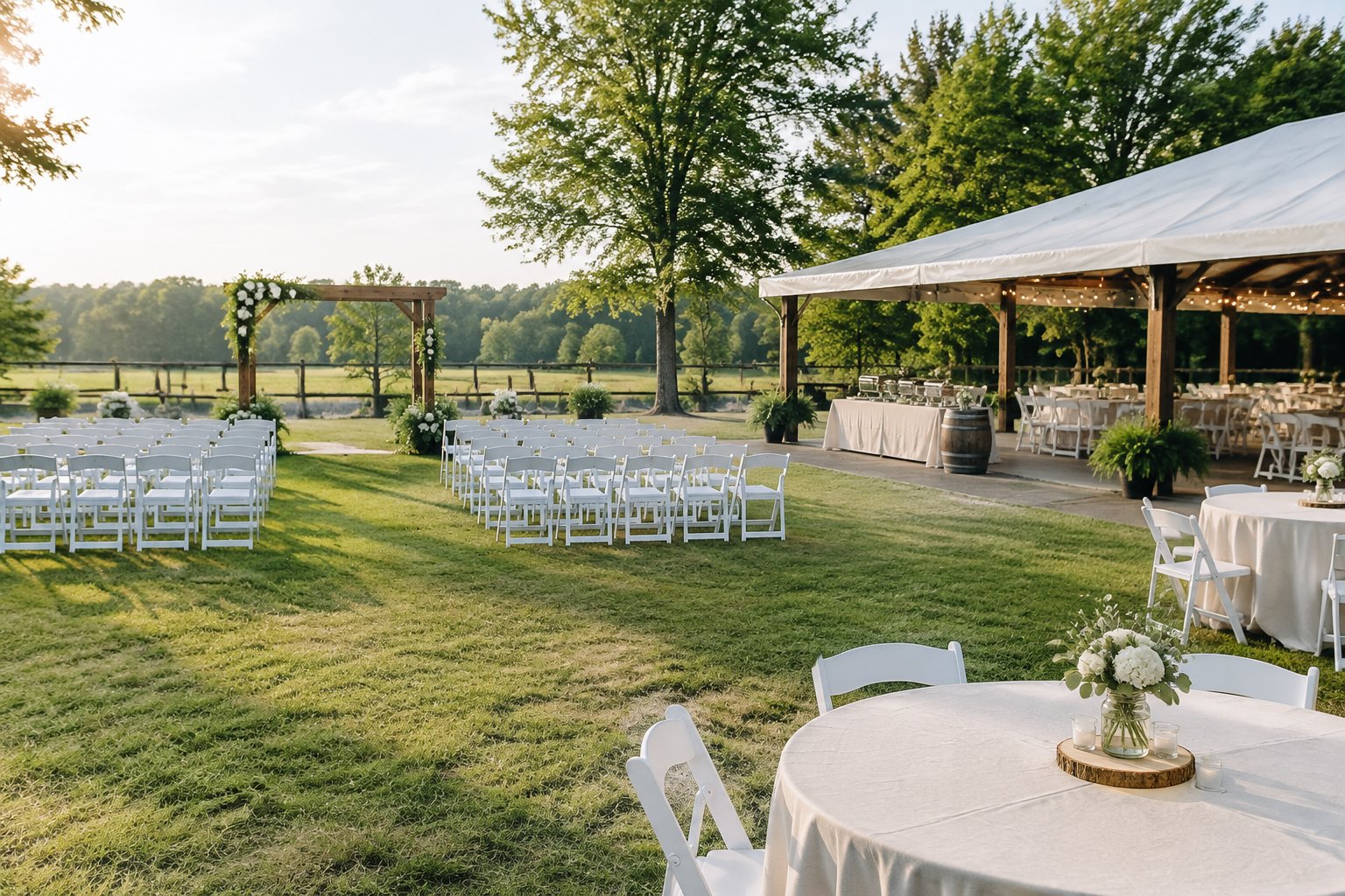 A modest outdoor wedding venue with a wooden arbor, white chairs, simple floral decorations, and a covered reception area.