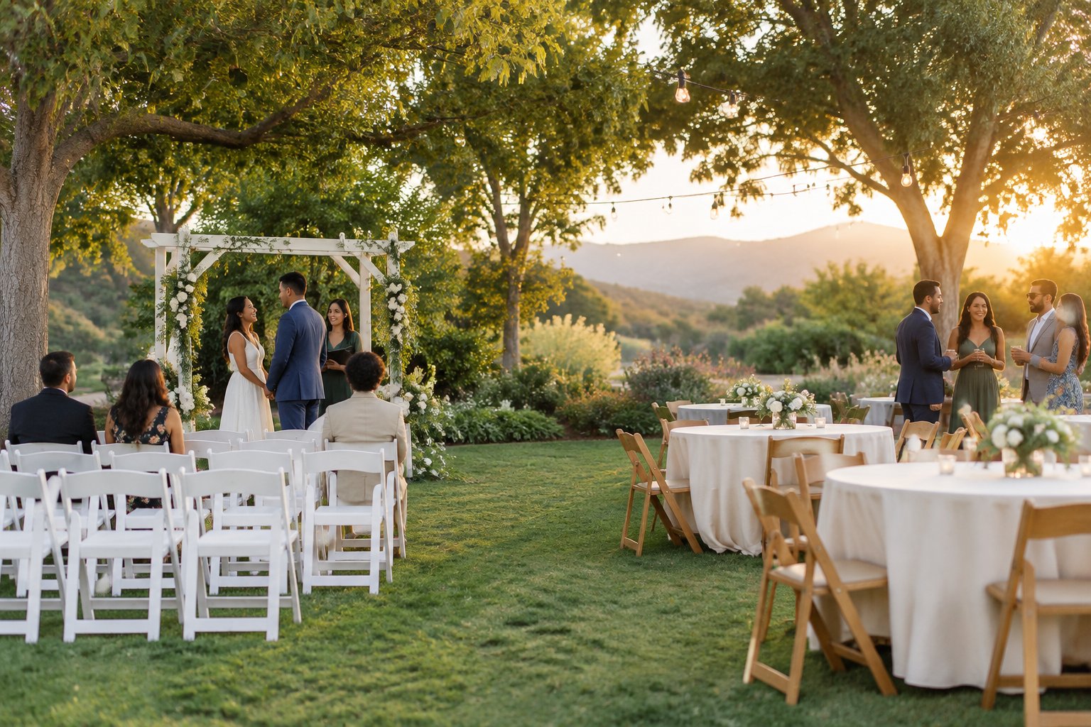 An affordable outdoor wedding ceremony and reception in a landscaped county park with simple decorations and distant hills.