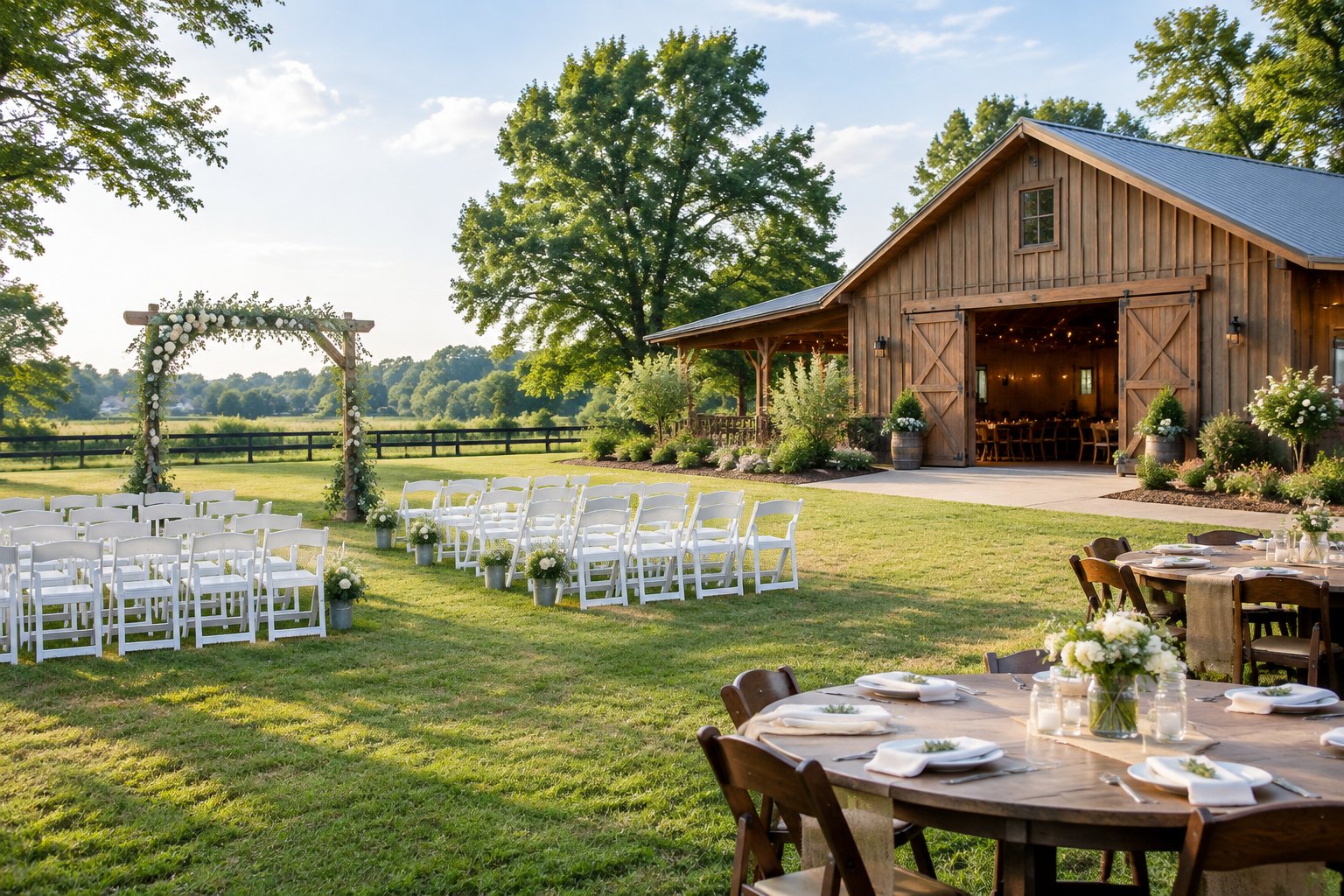 A modest outdoor wedding venue with chairs, a decorated ceremony arch, and simple reception tables.