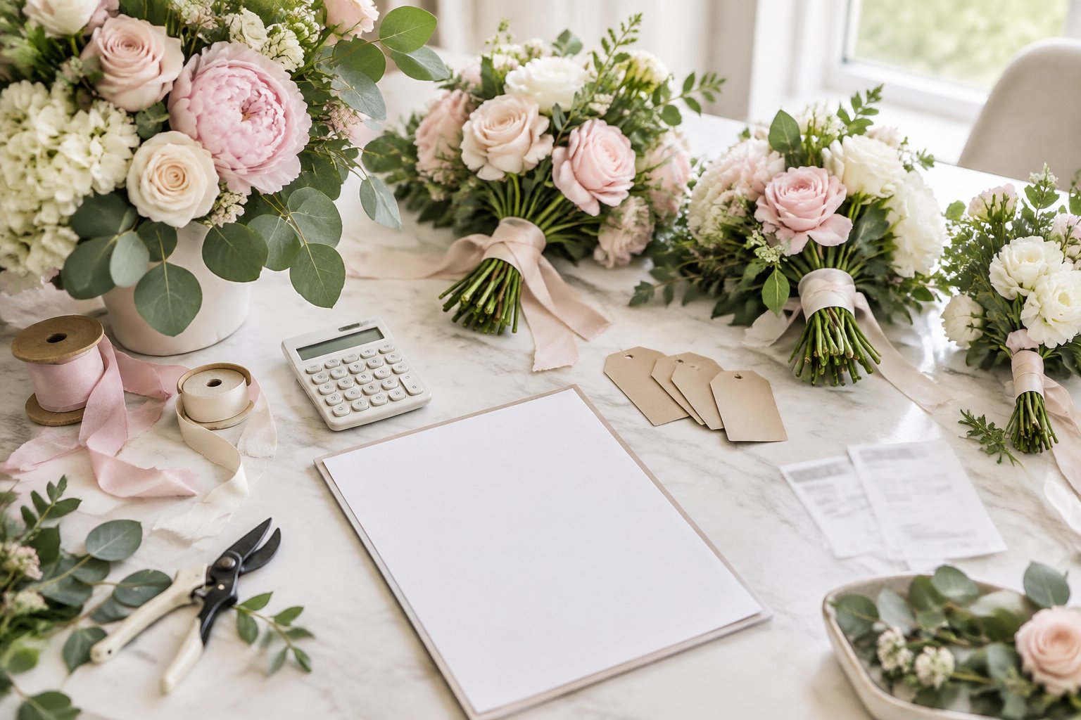 Fresh wedding flowers and floral arrangement supplies displayed beside budgeting materials on a consultation table.