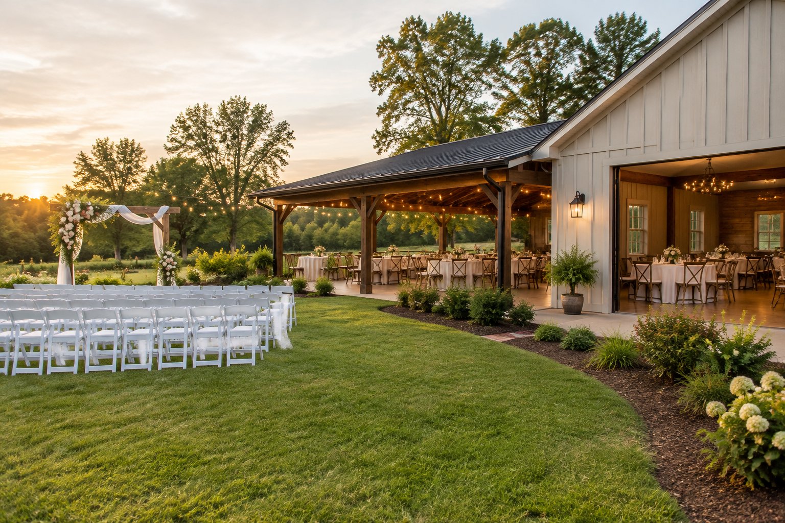 A modest garden wedding venue with white chairs, a floral arch, string lights, and reception tables.