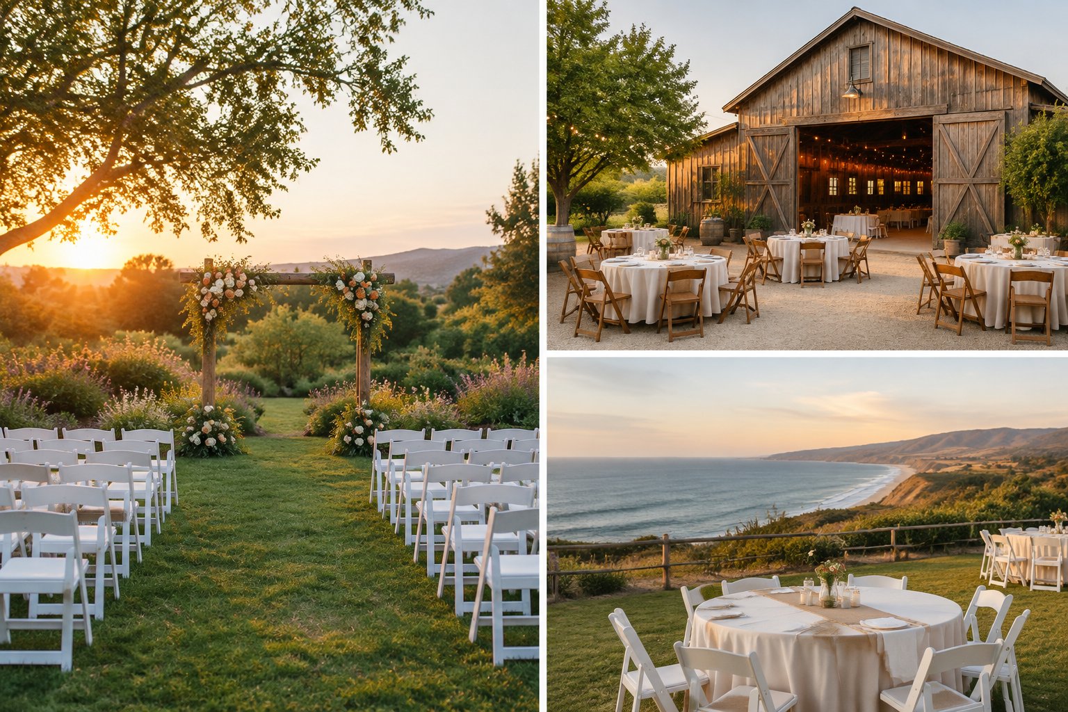 A simple outdoor wedding ceremony setup with white chairs, a floral arch, and tables in a landscaped California venue.