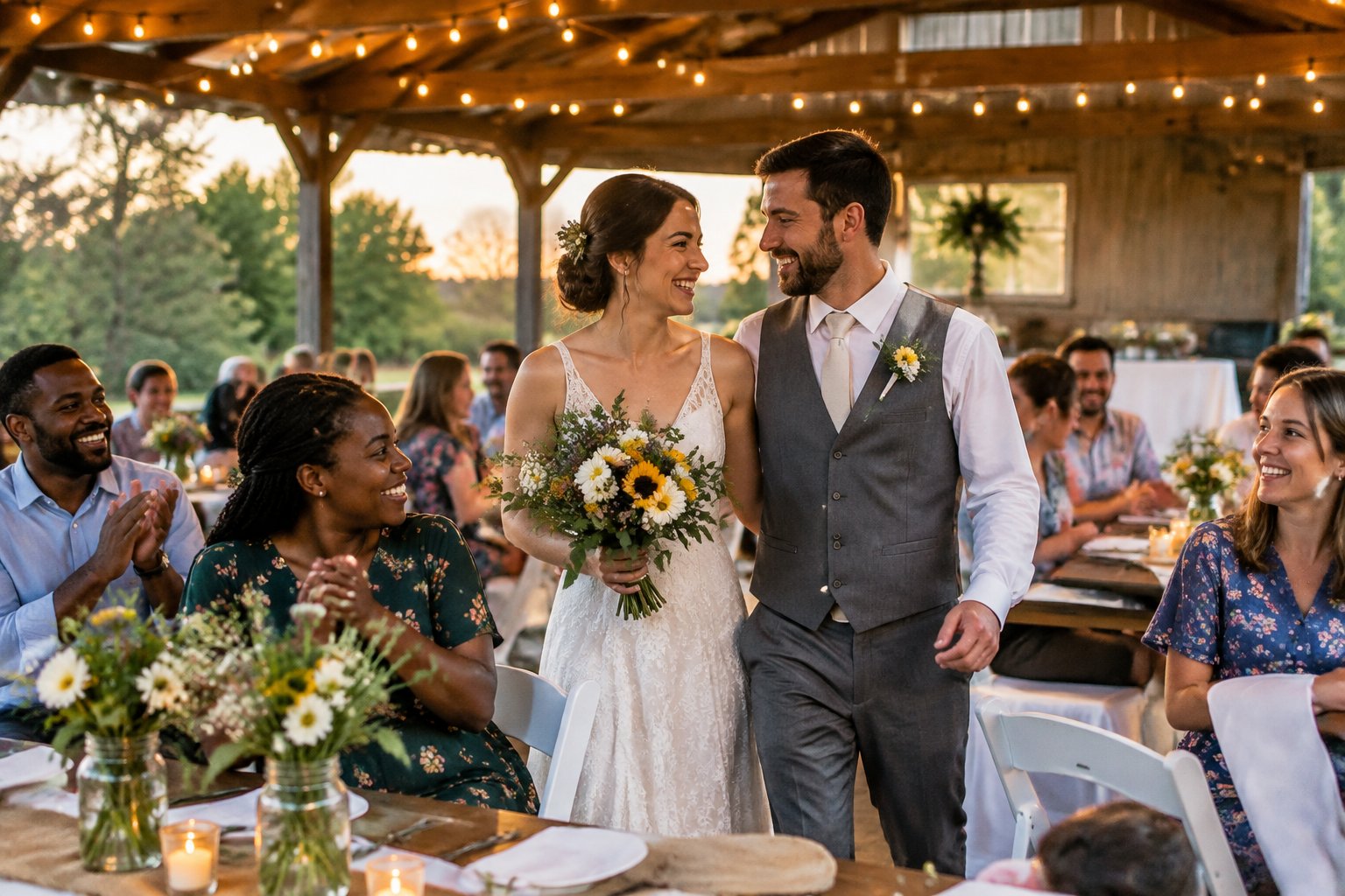A newlywed couple celebrates with guests at a simply decorated, affordable wedding venue.
