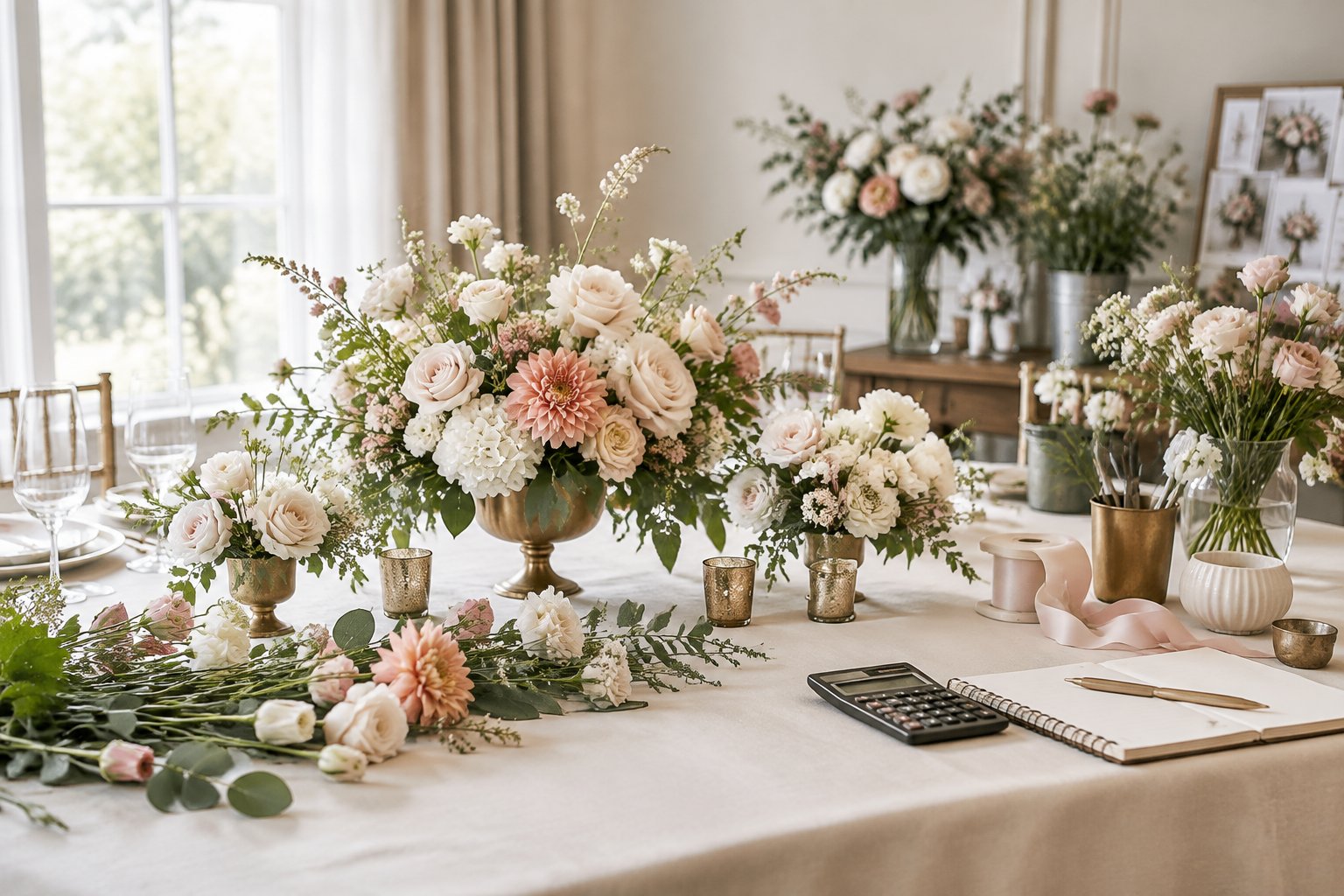 Fresh wedding flower arrangements displayed on a reception table with floral supplies and budgeting items.