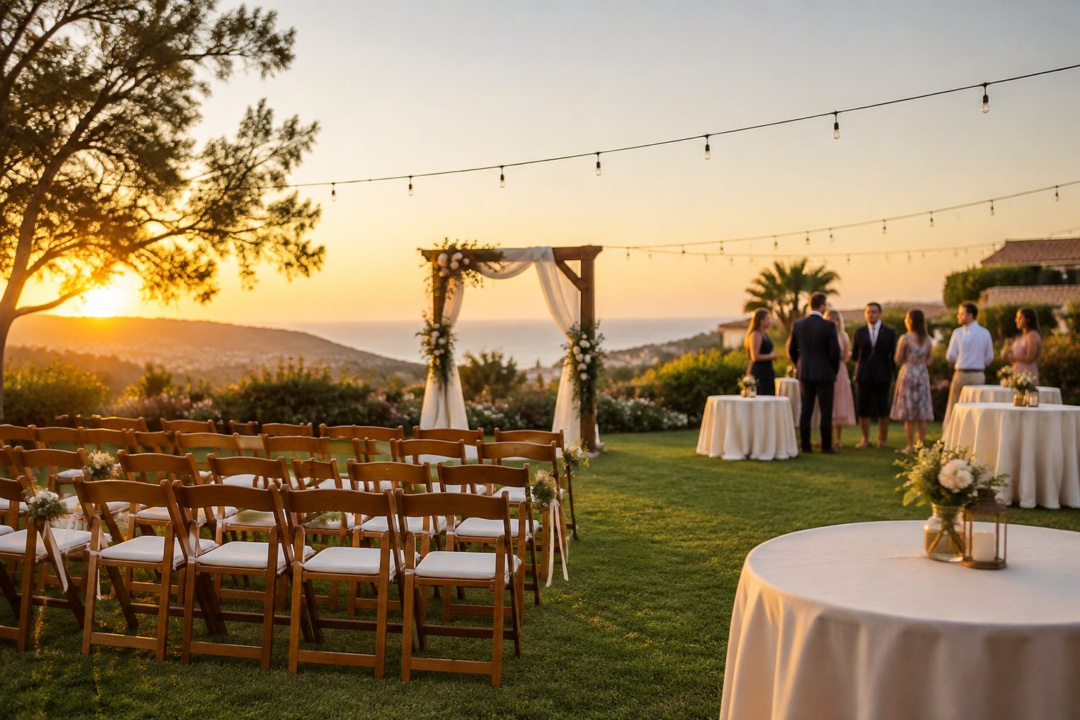 An affordable outdoor wedding venue with simple decorations, guest seating, and a small ceremony arch.