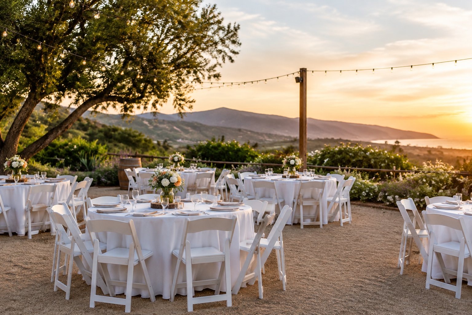 An affordable outdoor wedding reception arranged in a landscaped California venue.