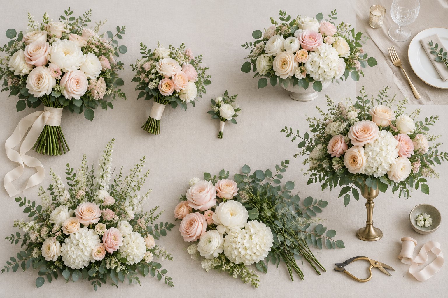 Various fresh wedding flower arrangements displayed on a neutral surface.