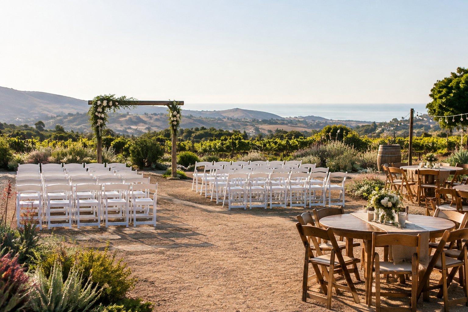 A modest outdoor wedding setup with simple chairs, a wooden ceremony arch, and rustic tables in a sunny California venue.